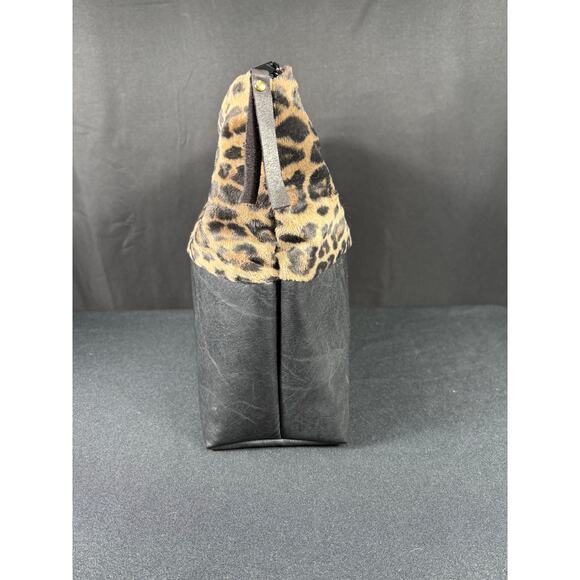 Leopard Print & Faux Black Leather Large Bag Handmade One of Kind Travel Case - Picture 2 of 6